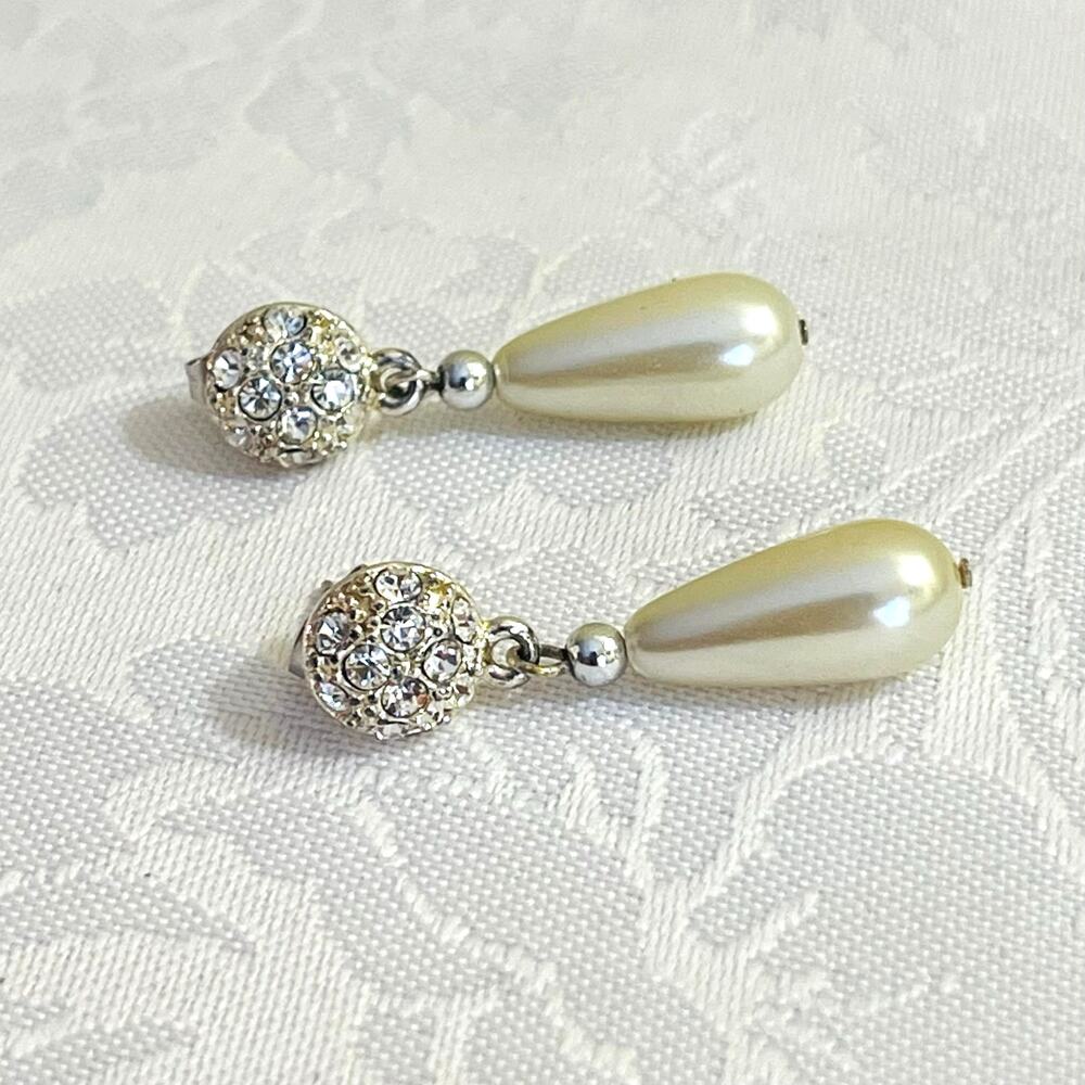 Vtg Rhinestone Faux Pearl Drop Dangling Earrings Formal Statement Special